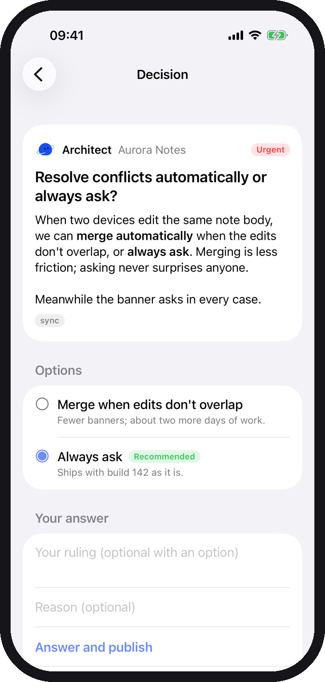 A decision in GravitiOS: the options, the bot's recommendation and an answer box