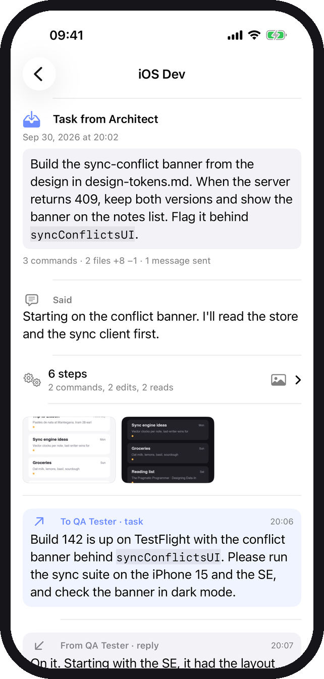 A bot's turn in GravitiOS: the request, its replies and the folded steps