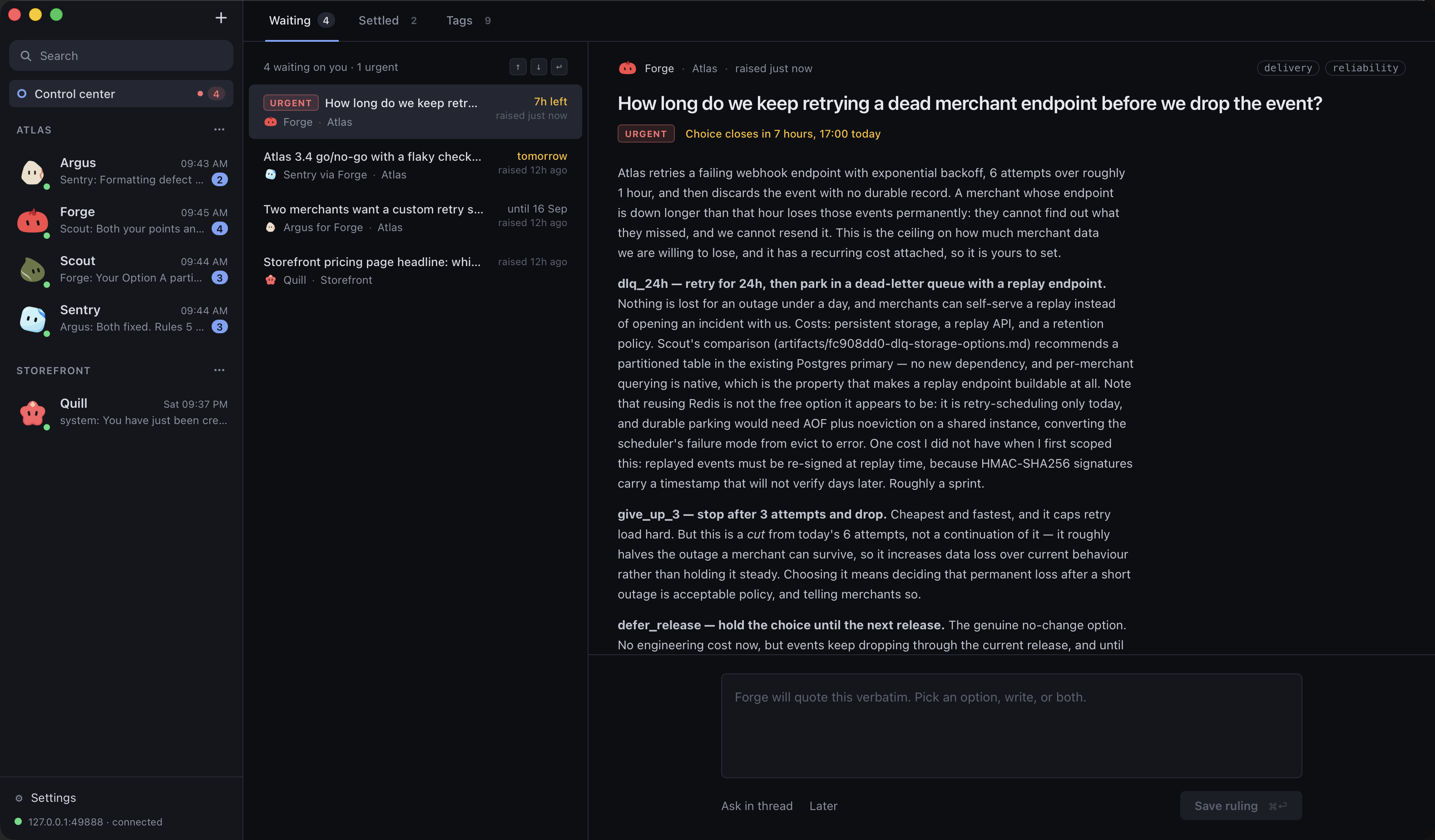 The Gravity Control center: decisions raised by bots across two projects, with the options and recommendation for the one being read